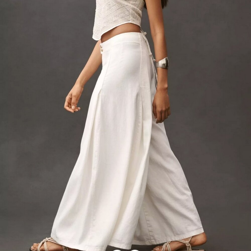 Pilcro Linen Blend Skirty Sailor Wide-Leg Pants in Ivory by Anthropologie 29 NWT